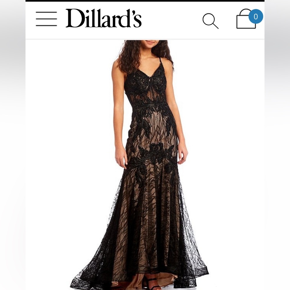 Dillards Exclusive Black/Nude V-Neck Lace-Up Back Embroidered Lace Mermaid Gown